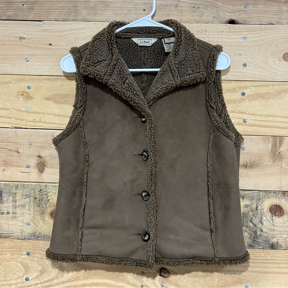 LL Bean Sherpa Vest Brown Suede Button Pockets Womens XS Petite 0BCU2 Microfiber